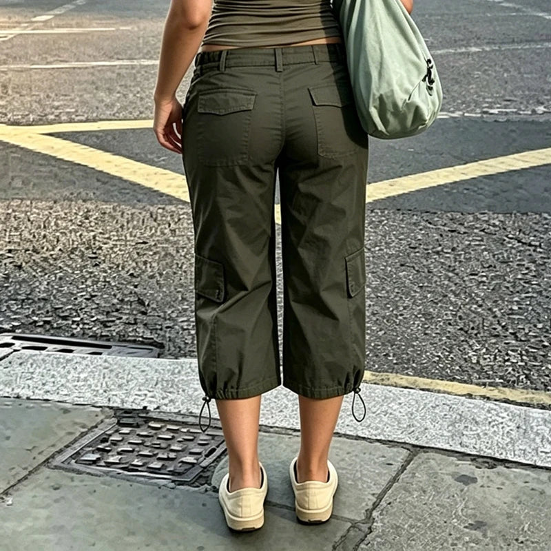 Y2K Vintage Drawstring Hem Cropped Low Waist Cargo Capri Trousers