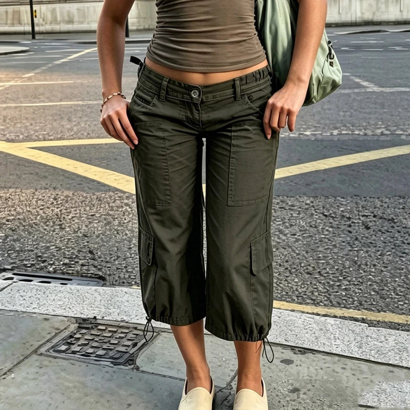 Y2K Vintage Drawstring Hem Cropped Low Waist Cargo Capri Trousers