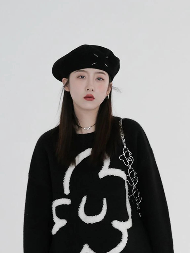 Y2K Vintage Floral Black Knitted Sweater