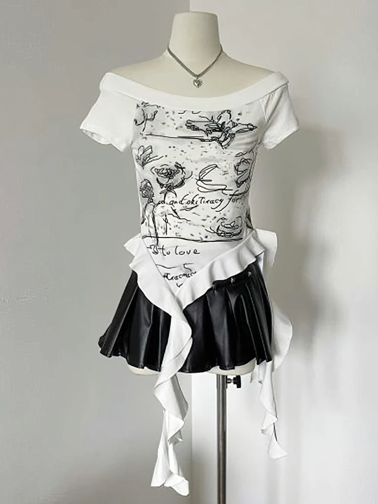Y2K Vintage Floral Graphic Off Shoulder Top