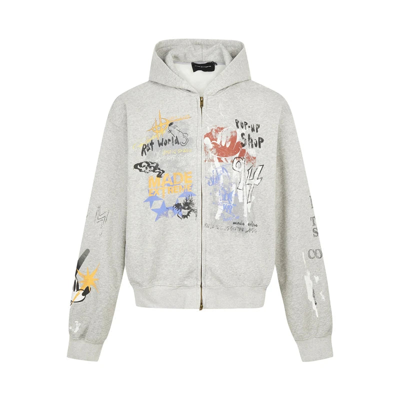 Y2K Vintage Graffiti Graphic Zip UpHoodie