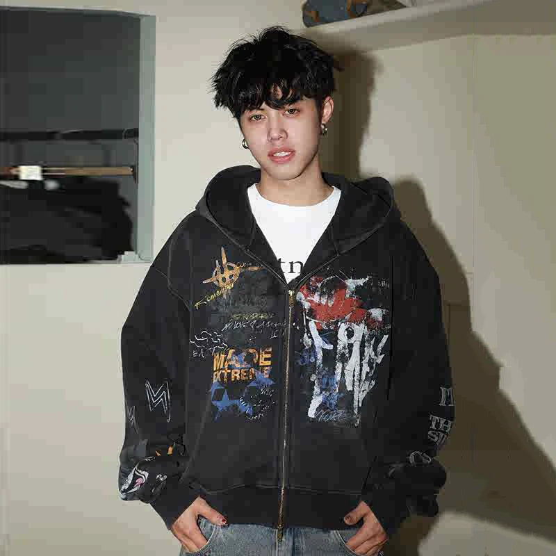 Y2K Vintage Graffiti Graphic Zip UpHoodie