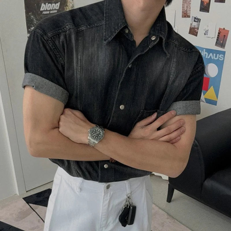 Y2K Vintage Mens Denim Short Sleeve Shirt
