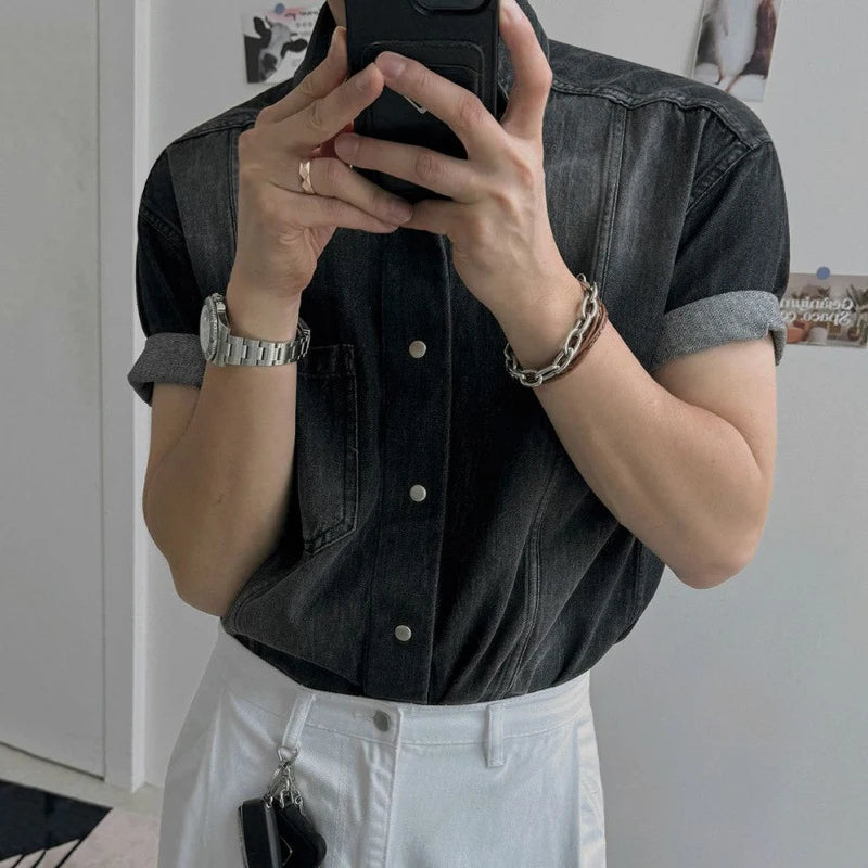 Y2K Vintage Mens Denim Short Sleeve Shirt