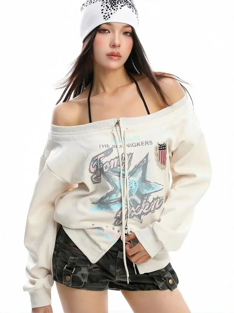 Y2K Vintage Oversized Off Shoulder Sweatshirt Jacket
