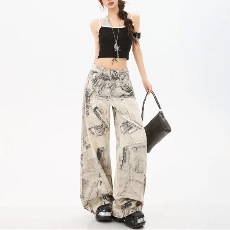 Y2K Vintage Print Wide Leg Baggy Jeans
