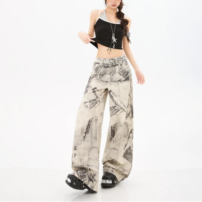 Y2K Vintage Print Wide Leg Baggy Jeans