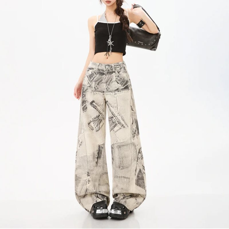 Y2K Vintage Print Wide Leg Baggy Jeans