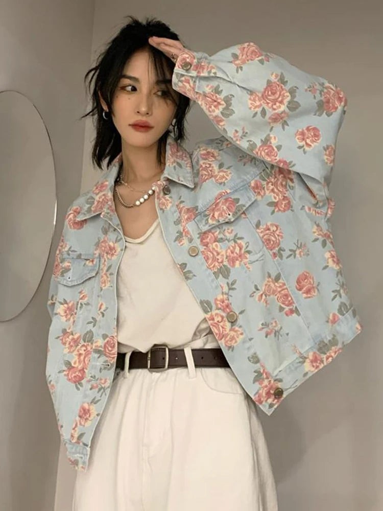 Y2K Vintage Rose Floral Denim Jacket