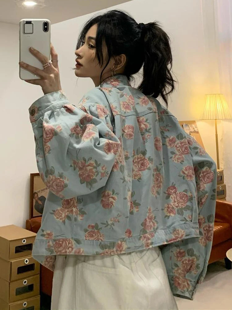 Y2K Vintage Rose Floral Denim Jacket