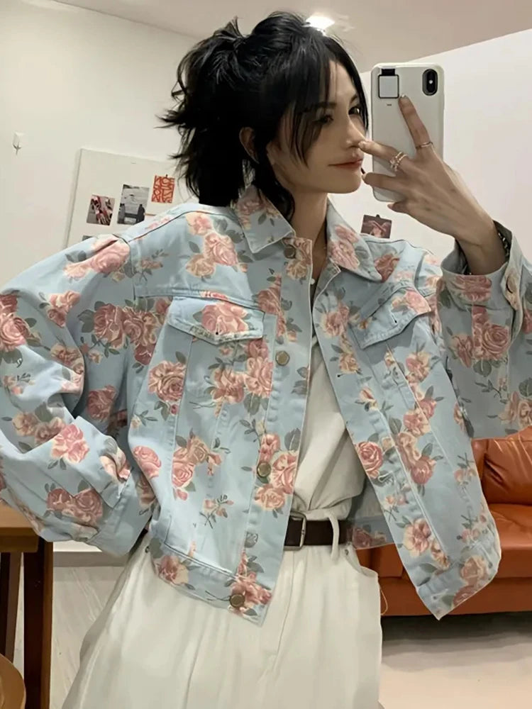 Y2K Vintage Rose Floral Denim Jacket