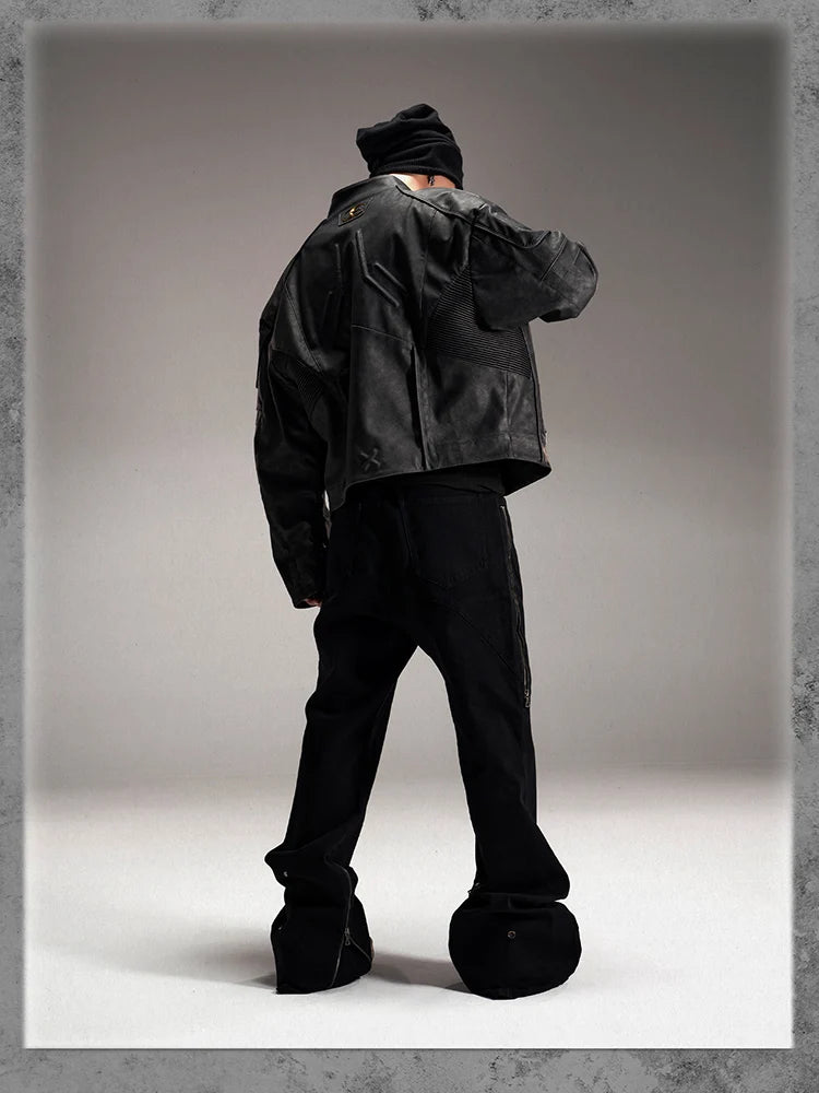 Y2K Vintage Short Distressed Black Faux Leather Jacket