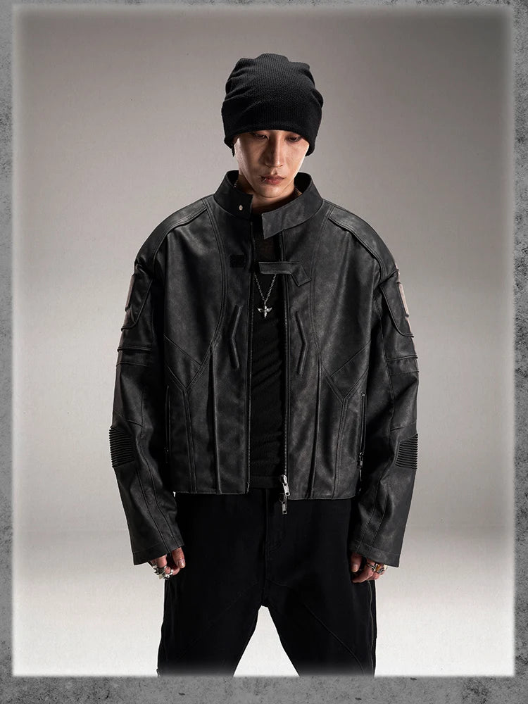 Y2K Vintage Short Distressed Black Faux Leather Jacket