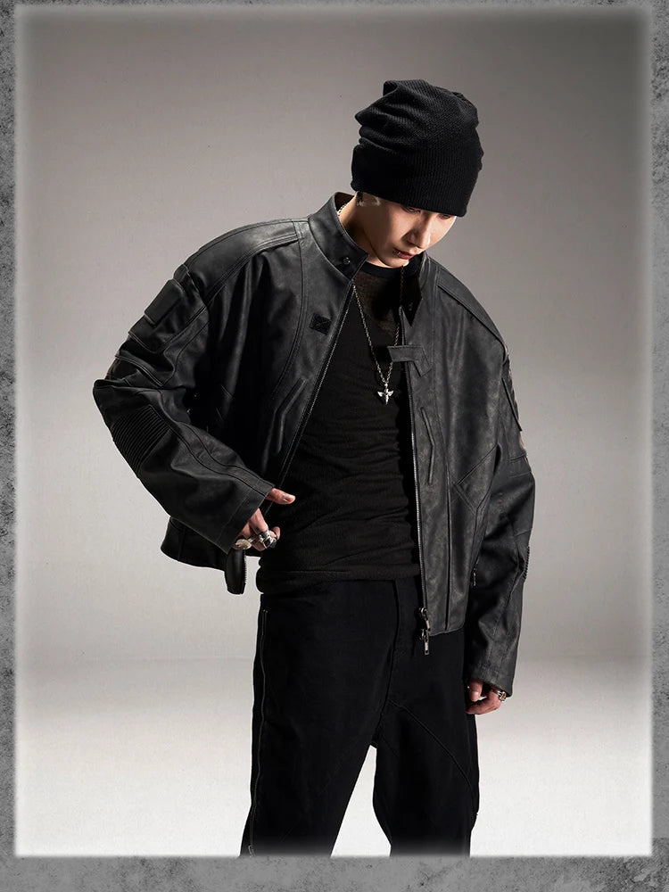 Y2K Vintage Short Distressed Black Faux Leather Jacket