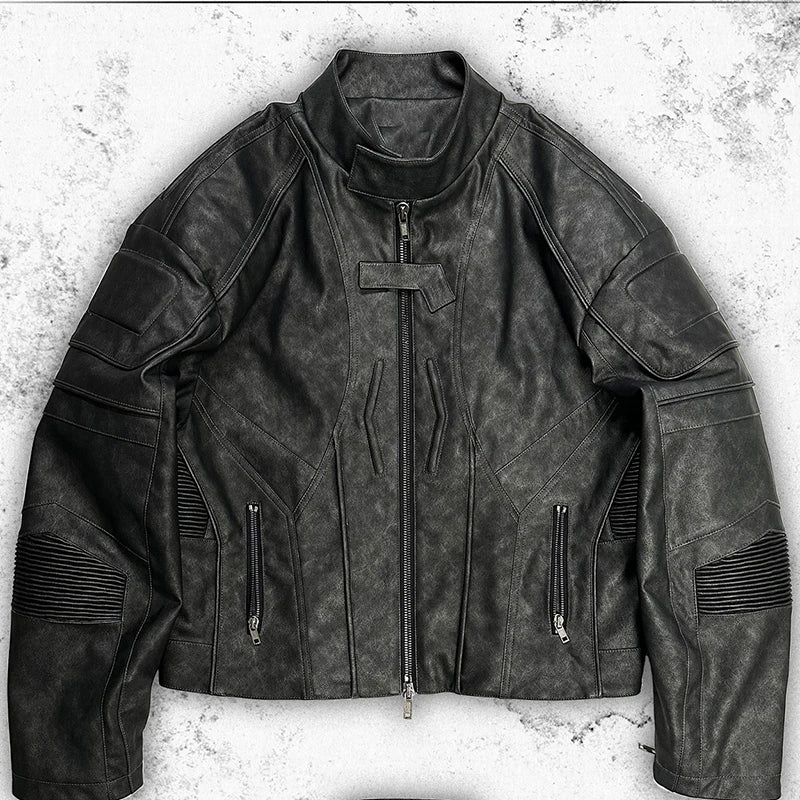 Y2K Vintage Short Distressed Black Faux Leather Jacket