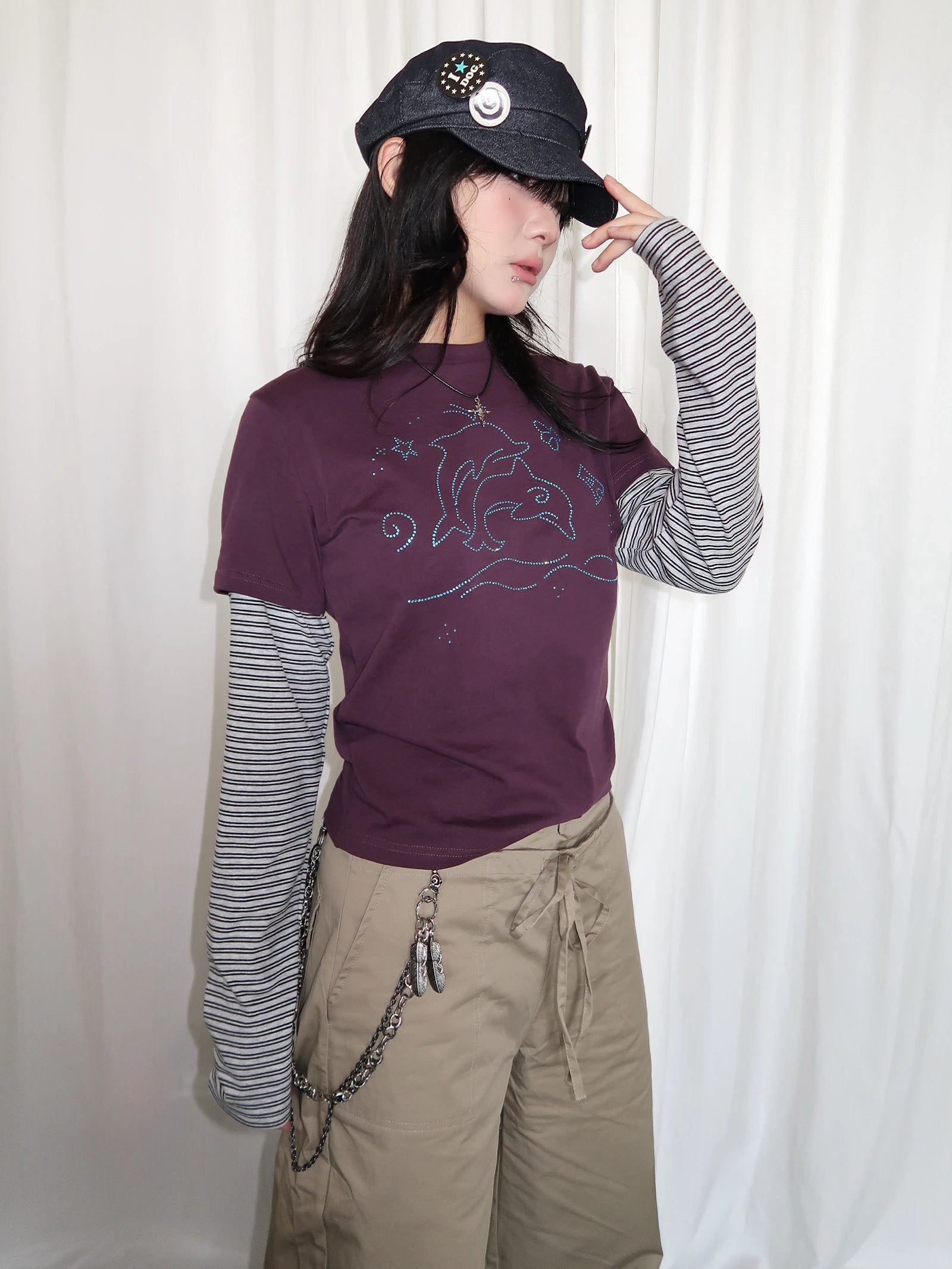 Y2K Vintage Striped Dolphin Graphic Long Sleeve Top