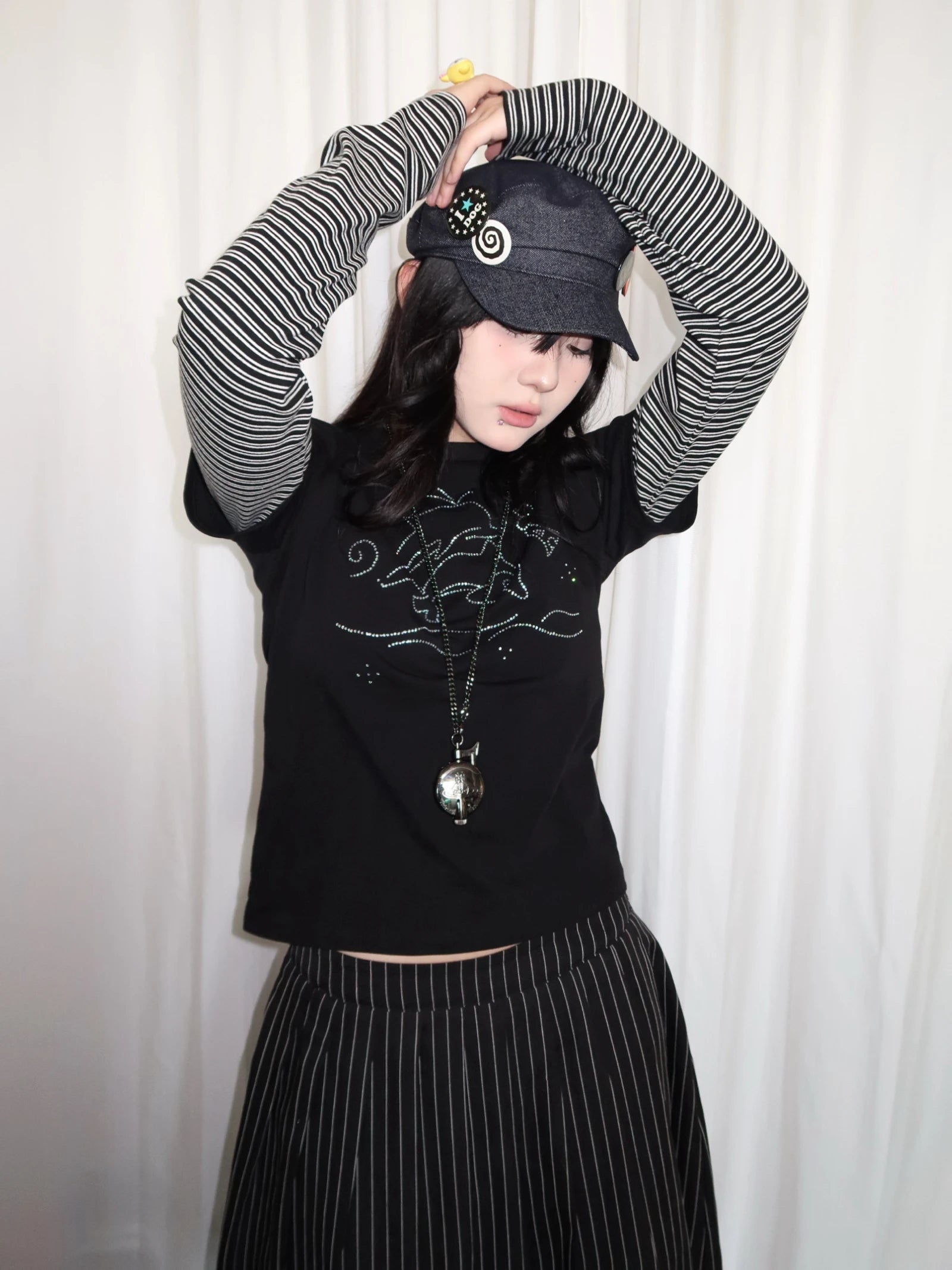 Y2K Vintage Striped Dolphin Graphic Long Sleeve Top