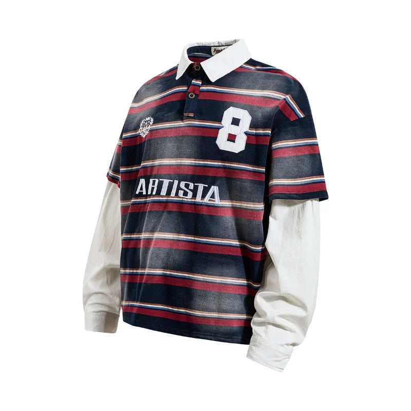 Y2K Vintage Striped Washed Mock Two Layer Polo Shirt