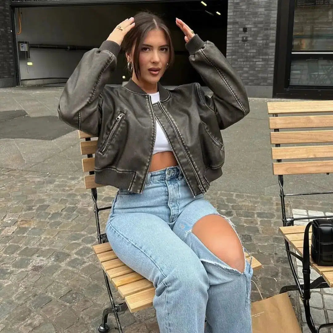 Y2K Vintage Washed Leather Jacket
