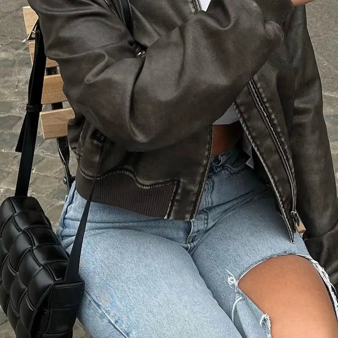 Y2K Vintage Washed Leather Jacket