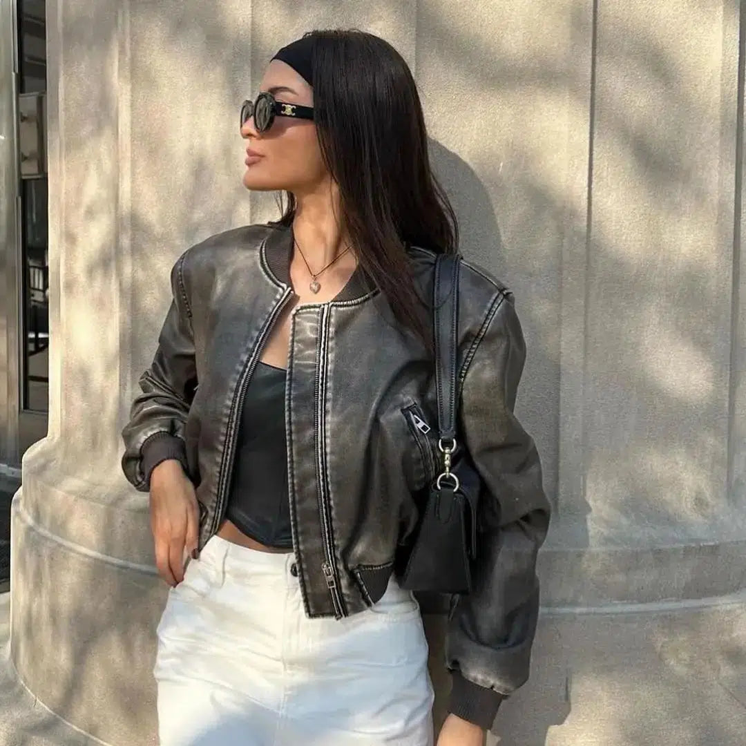 Y2K Vintage Washed Leather Jacket