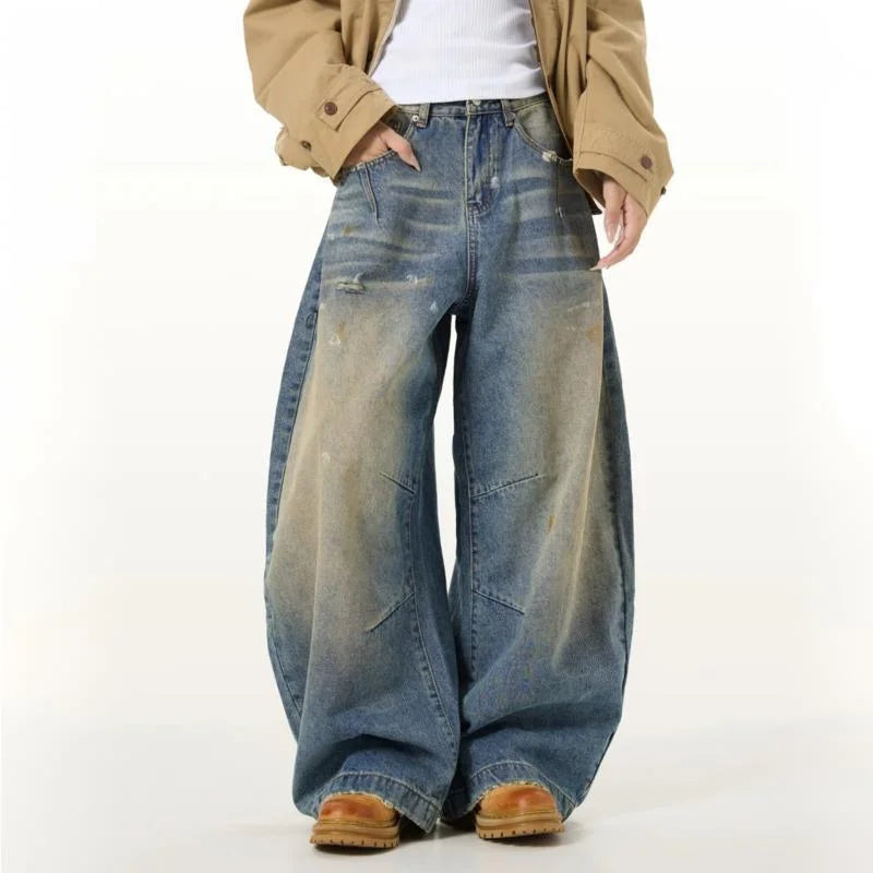 Y2K Vintage Wide Leg Washed Faux Dirt Barrel Jeans