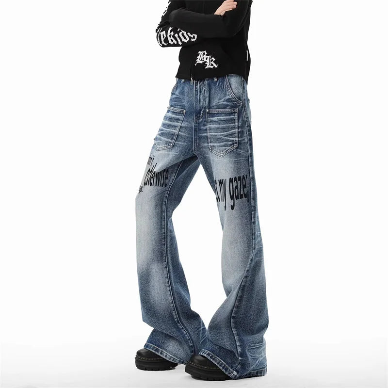 Y2K Warning Print Denim Jeans