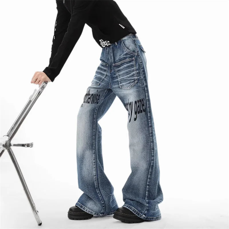 Y2K Warning Print Denim Jeans