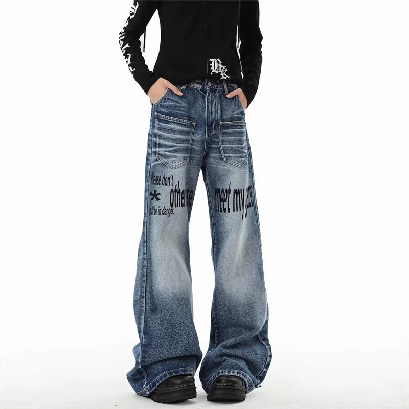 Y2K Warning Print Denim Jeans