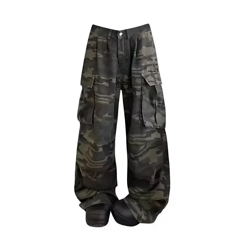 Y2K Washed Camouflage Multi Pocket Baggy Cargo Jeans