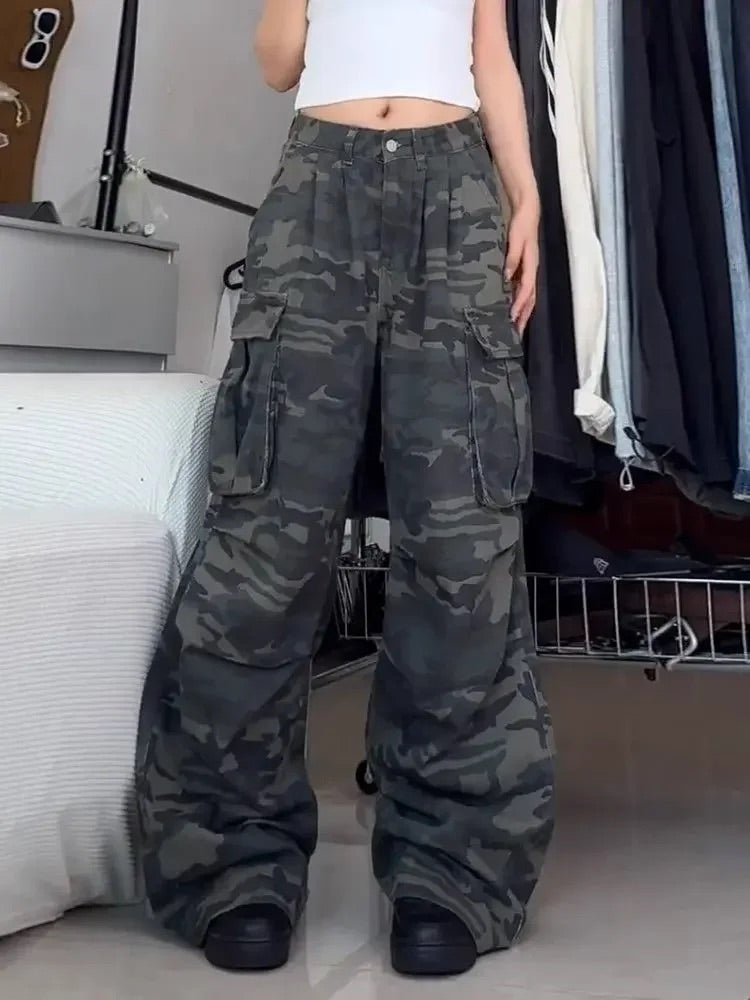Y2K Washed Camouflage Multi Pocket Baggy Cargo Jeans