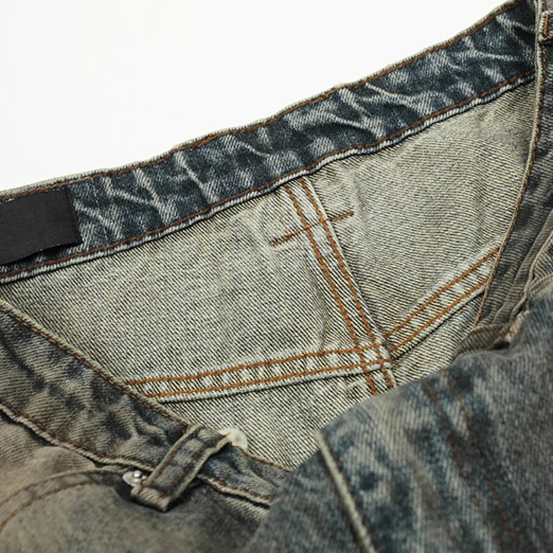 Y2K Washed Contrast Wide Leg Curved Knife Barrel Jeans