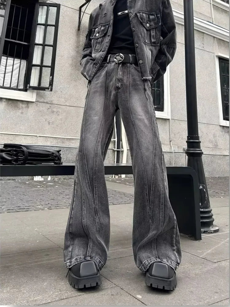 Y2K Washed Grey Baggy Stacked Flare Jeans