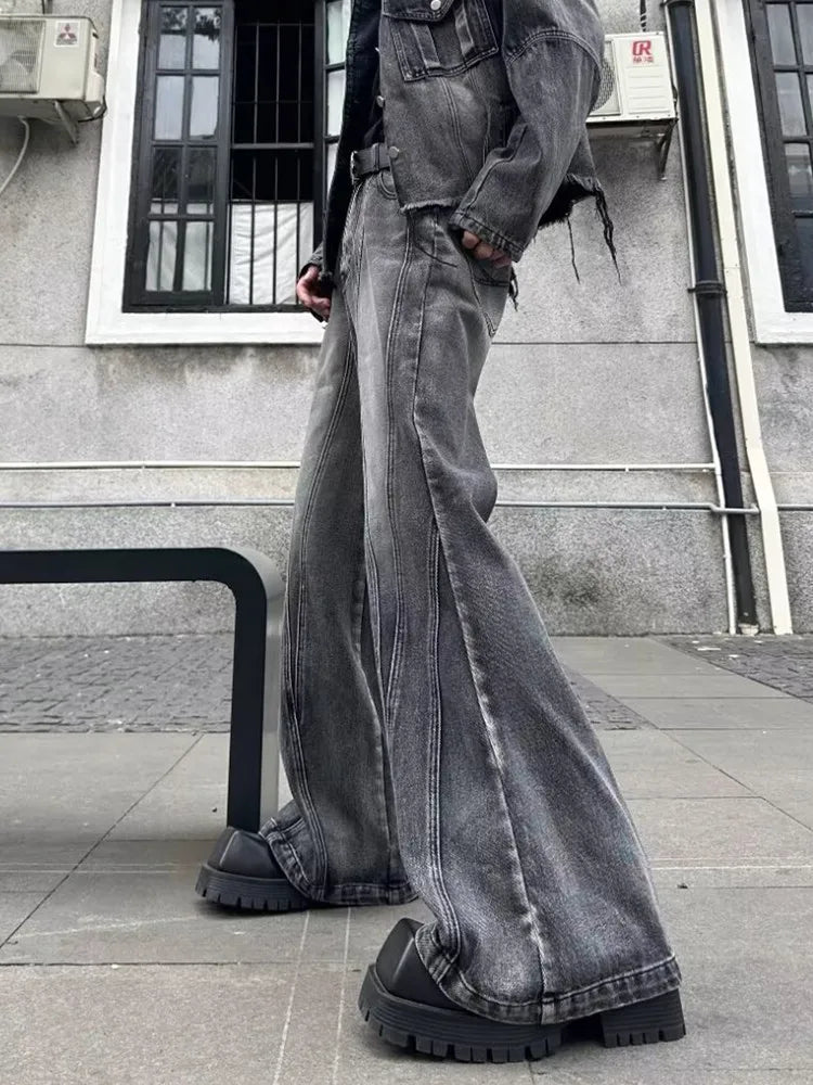 Y2K Washed Grey Baggy Stacked Flare Jeans