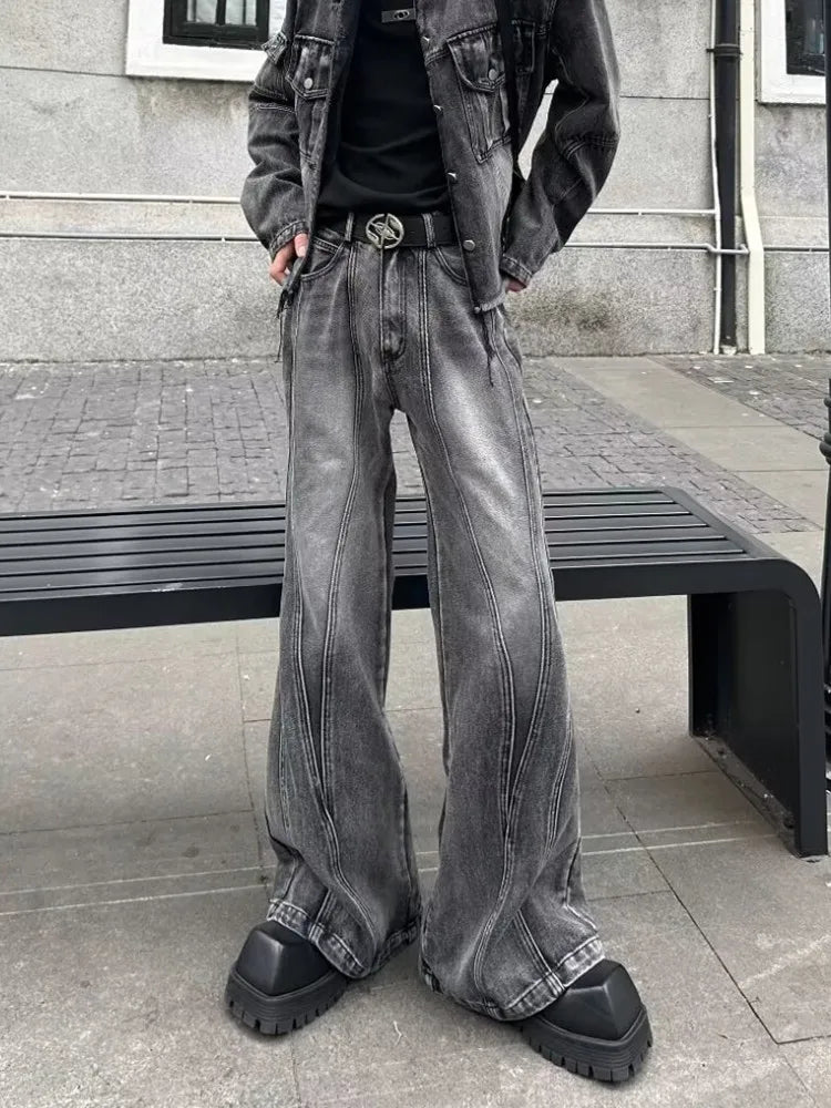 Y2K Washed Grey Baggy Stacked Flare Jeans