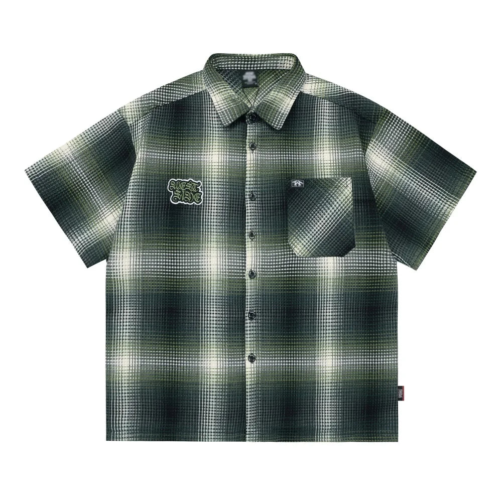 Y2K West Side Patch Embroidery Plaid Short Sleeve Shirt