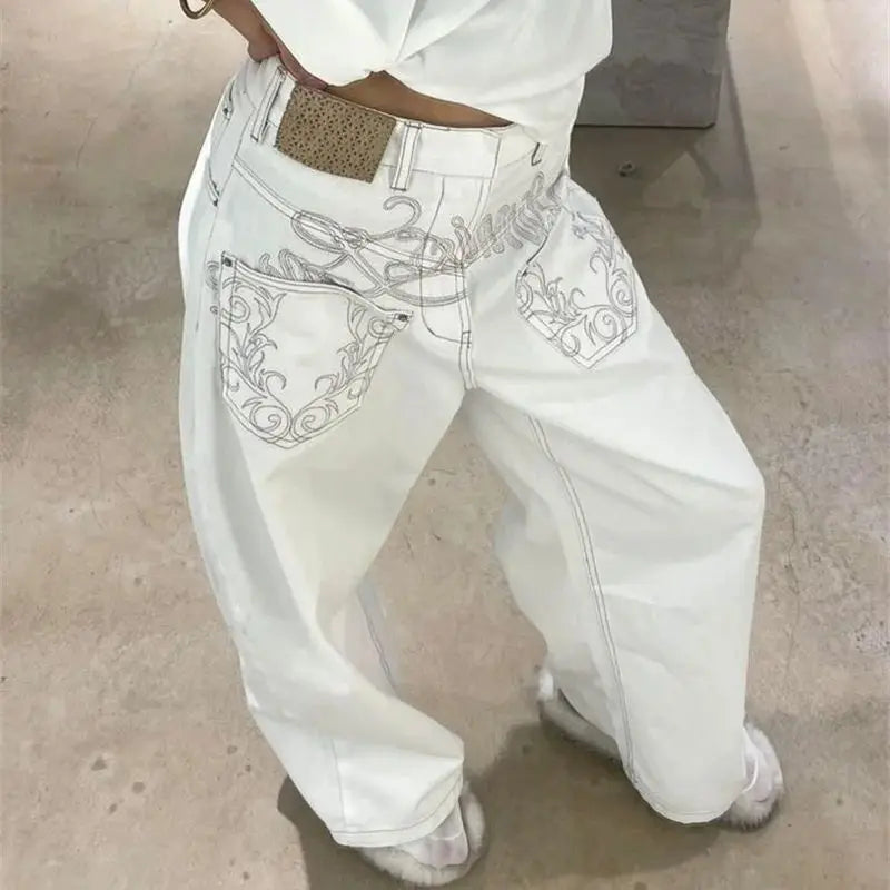 Y2K White Embroidered Baggy Jeans