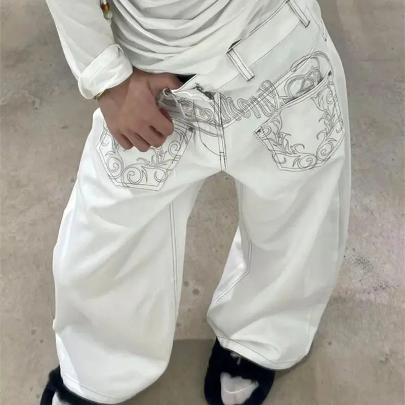 Y2K White Embroidered Baggy Jeans