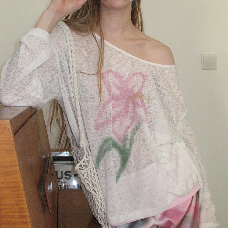 Y2K White Flower Graphic Sheer Mesh Long Sleeve Top