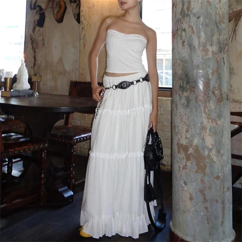 Y2K White Tiered Ruffle Maxi Skirt