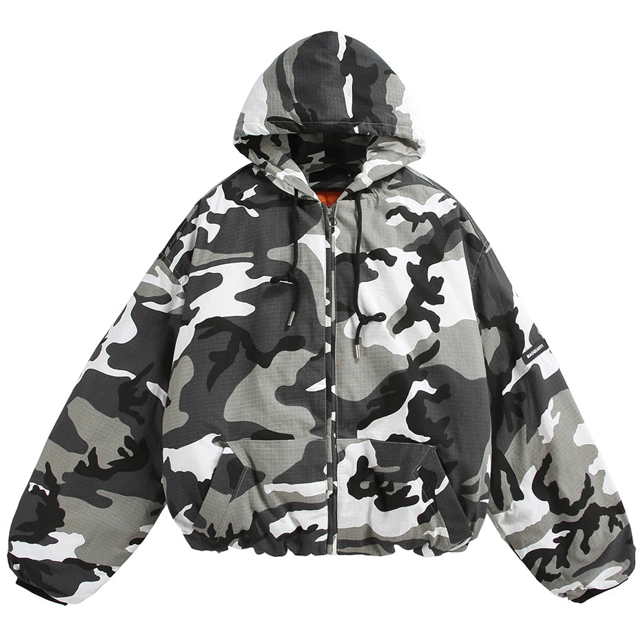 00s sweat blouson black camo scull y2k Camouflage jacket with fur