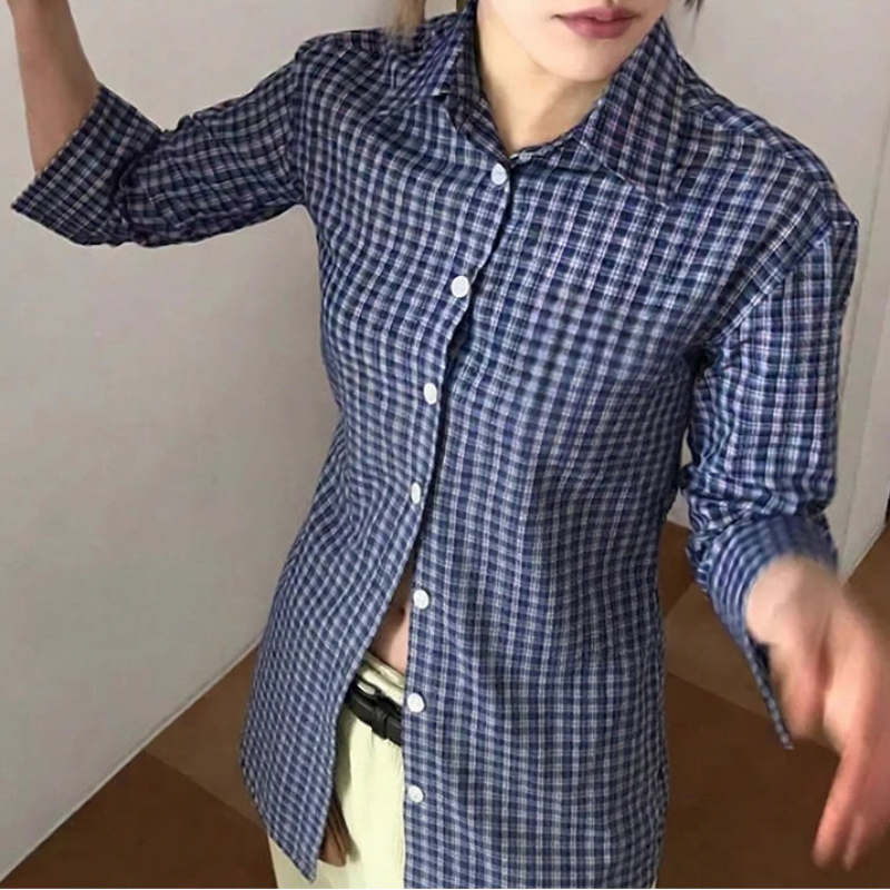Y2K Womens Blue Plaid Three Quarter Casual Button Up Shirt