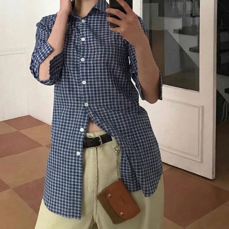 Y2K Womens Blue Plaid Three Quarter Casual Button Up Shirt