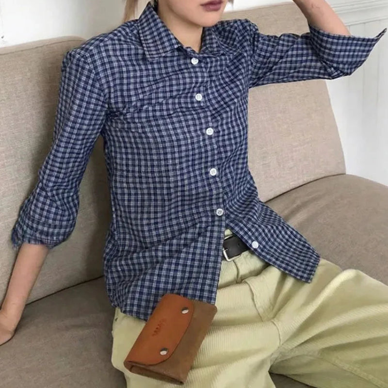 Y2K Womens Blue Plaid Three Quarter Casual Button Up Shirt