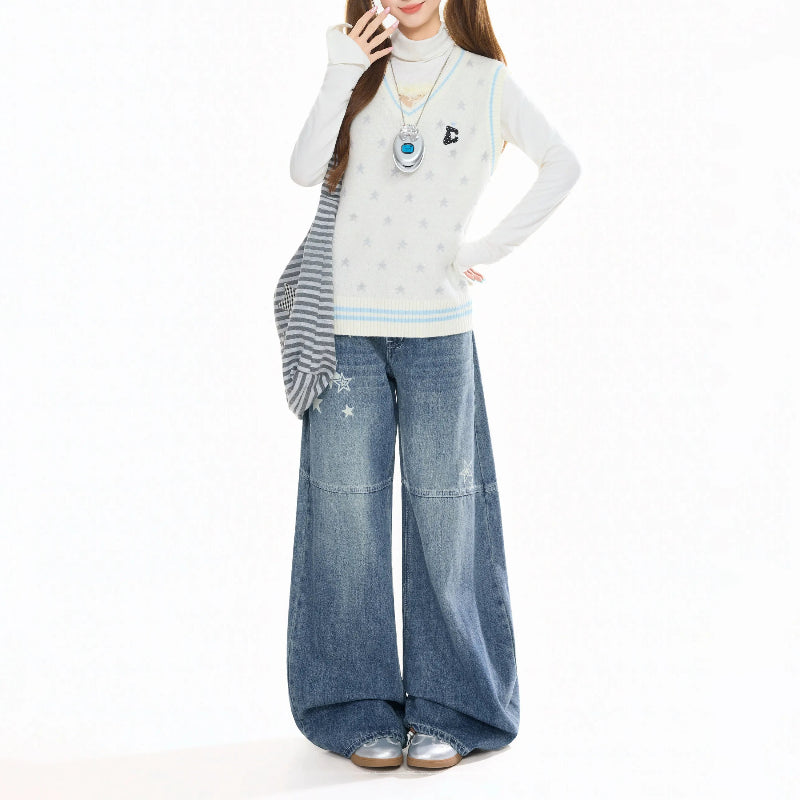 Y2K Womens Blue Star Print Graphic Baggy Denim Jeans