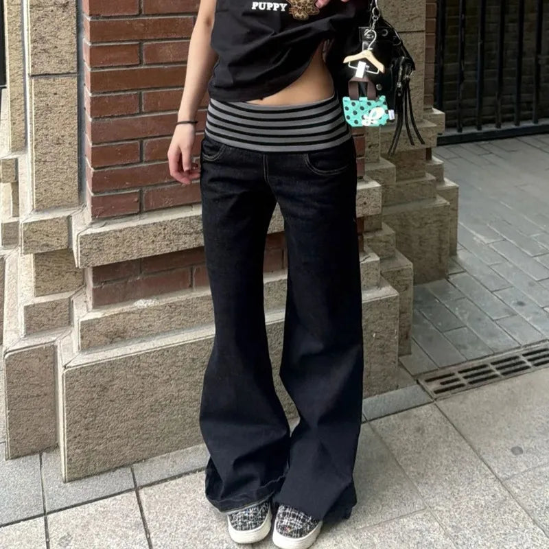 Y2K Womens Flared Baggy High Waist Striped Bootcut Jeans