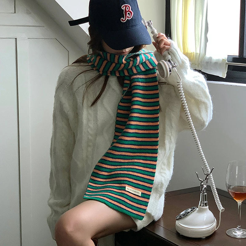 Y2K Womens Knitted Striped Scarf