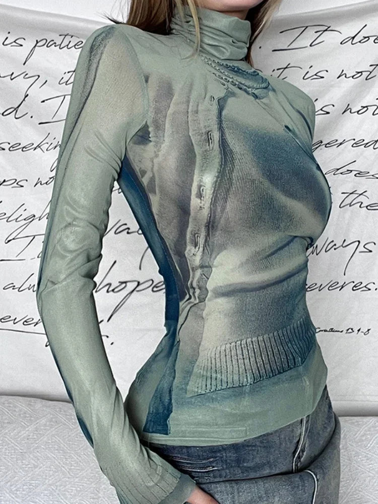 Y2K Womens Long Sleeve Turtle Neck Graphic Top