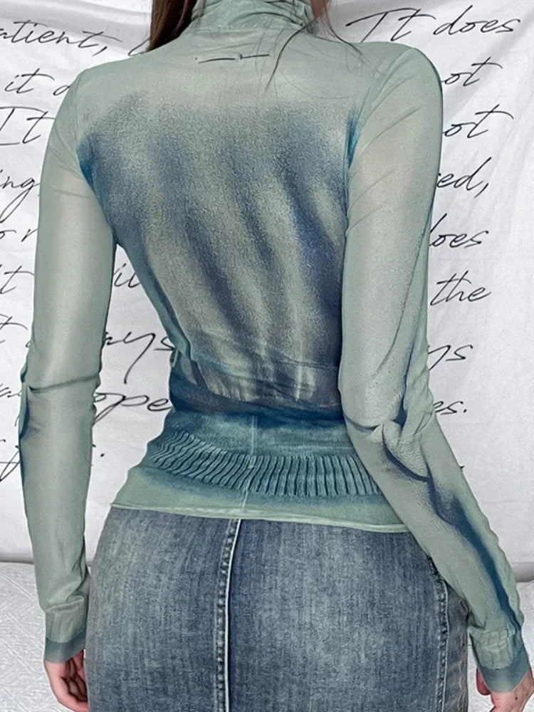 Y2K Womens Long Sleeve Turtle Neck Graphic Top