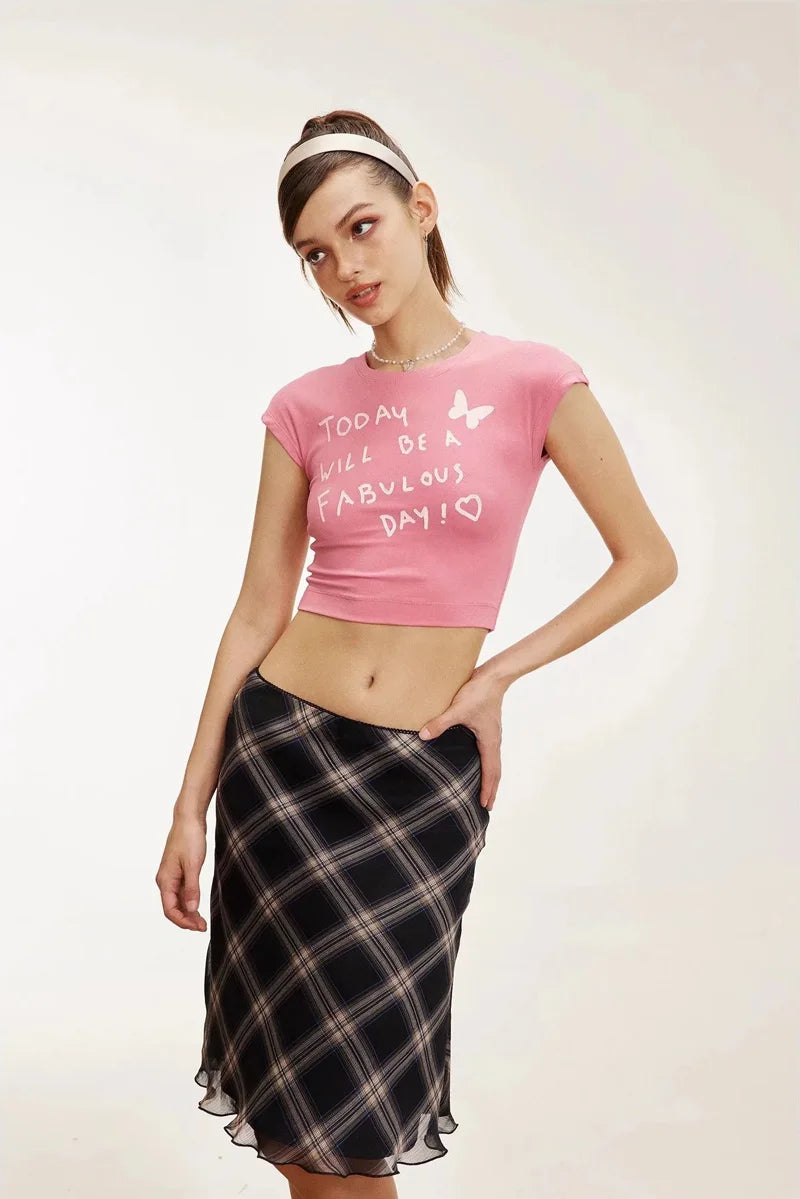 Y2K Womens Plaid Lettuce-Edge Mesh Mini Skirt